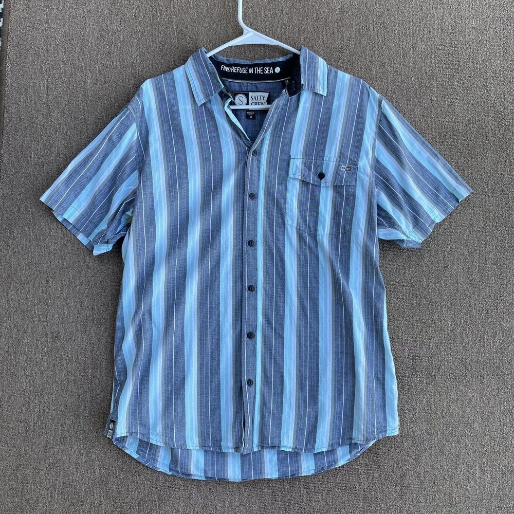 Salty Crew men’s button down collared shirt blue gray stripe Med slim fit